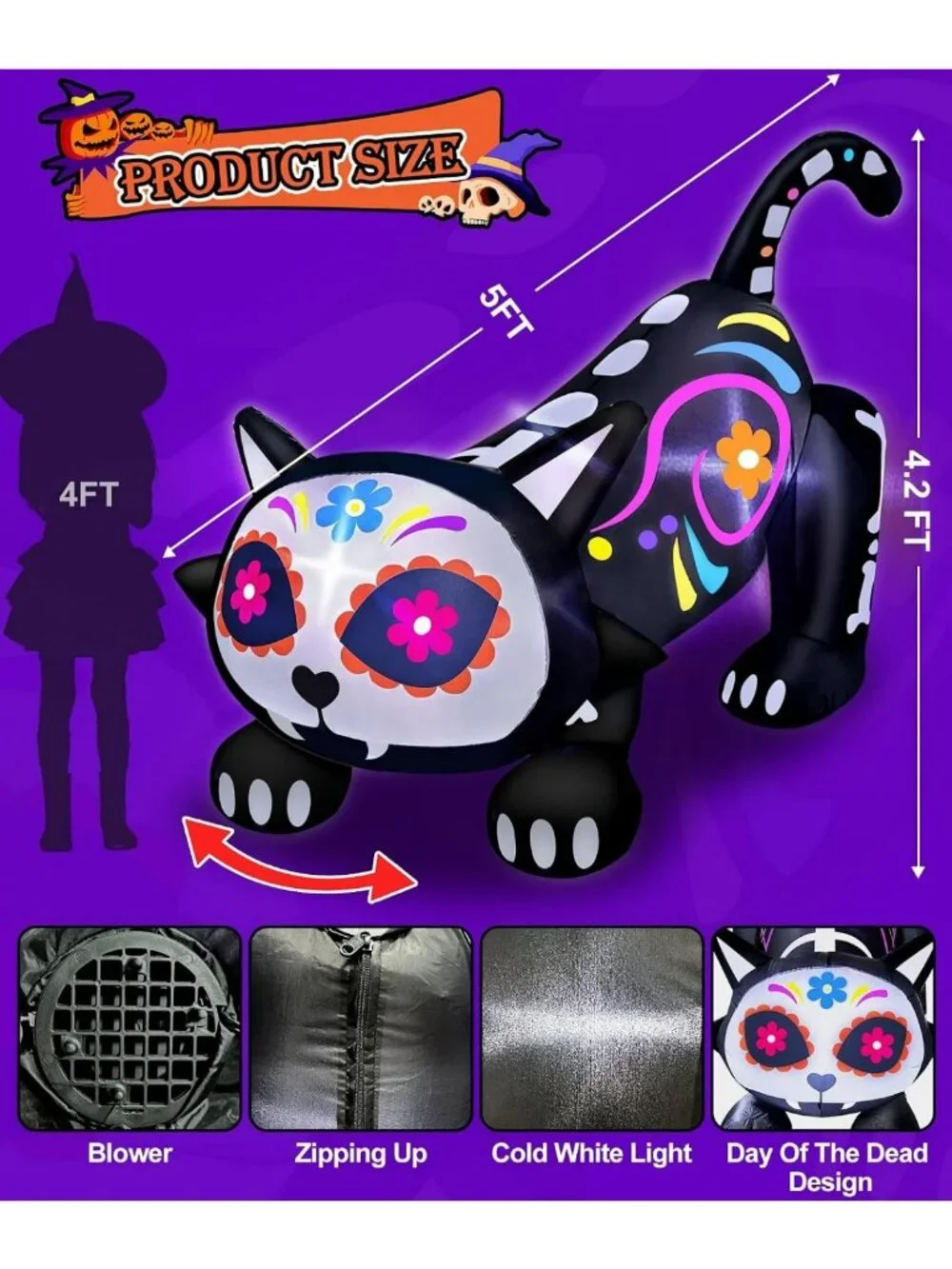 5 Ft Day of the Dead Inflatable Sugar Skull & Black Cat - Rotating Head Decor